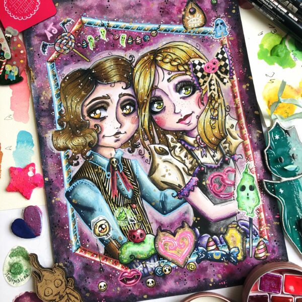 Aquarelle originale "Hansel et Gretel" d'après une impression d'un de mes coloriages